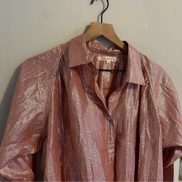 Xirena Pink Metallic Striped Button Front Blouse Small - Picture 10 of 11
